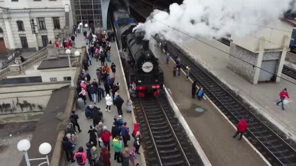 Lviv Ukraine January 2022 Retro Steam Locomotive Prepares Leave Station — Stockvideo