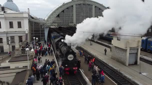 Lviv Ukraine January 2022 Retro Steam Locomotive Prepares Leave Station – stockvideo