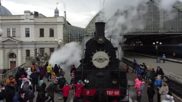 Lviv Ukraine January 2022 Retro Steam Locomotive Prepares Leave Station — Stockvideo