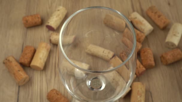 Wine Poured Glass Background Wine Corks — Stock Video