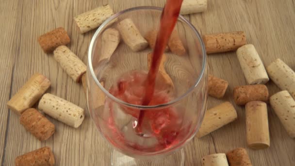 Wine Poured Glass Background Wine Corks — Stock Video