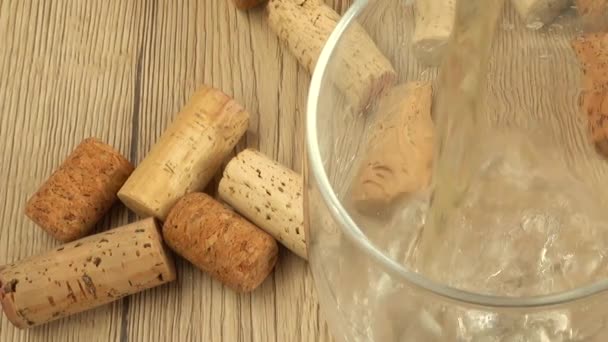 Wine Poured Glass Background Wine Corks — Stock Video