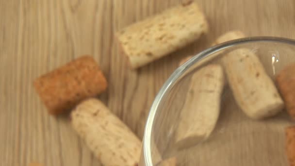 Wine Poured Glass Background Wine Corks — Stock Video