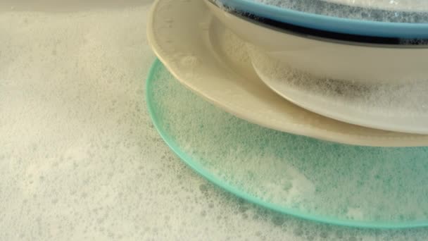 Stack Soapy Dishes Foam — Stock Video