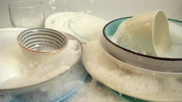 Washing Dishes Detergent Water Slow Motion — Stock Video