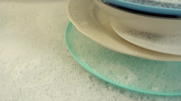 Stack Soapy Dishes Foam — Stock Video