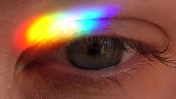 Glans Van Regenboog Het Vrouwelijke Oog — Stockvideo