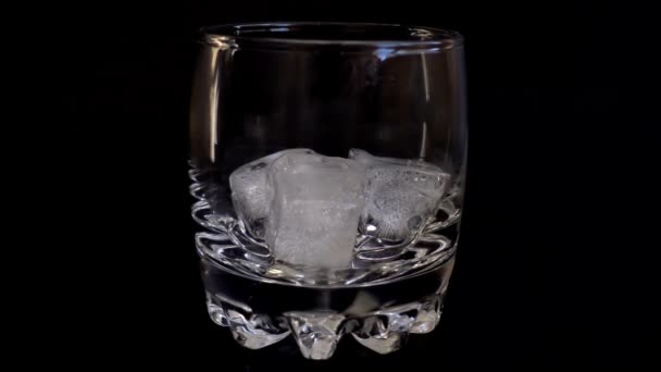 Verter Whisky Vaso Con Hielo Sobre Fondo Negro Aislado Movimiento — Vídeo de stock