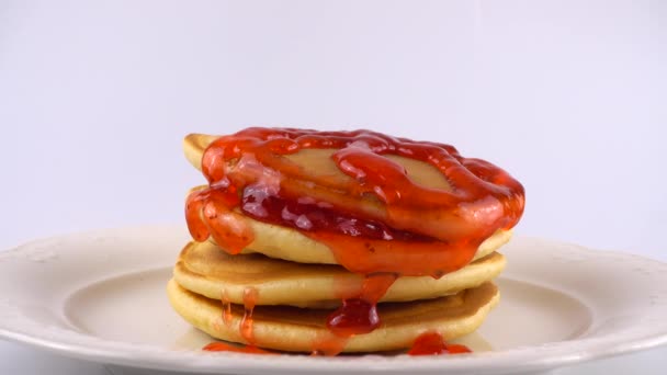 American Pancakes Strawberry Topping Whipped Cream White Background — Stock Video