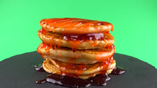 Pancakes Strawberry Topping Green Background Pancake Lies Black Slate Stone — Stock Video