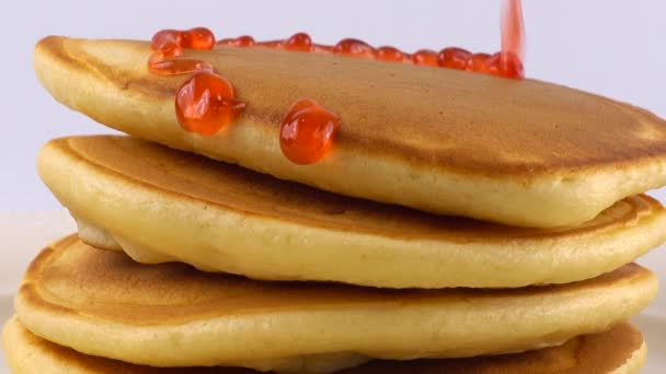 American Pancakes Strawberry Topping White Background — Stock Video