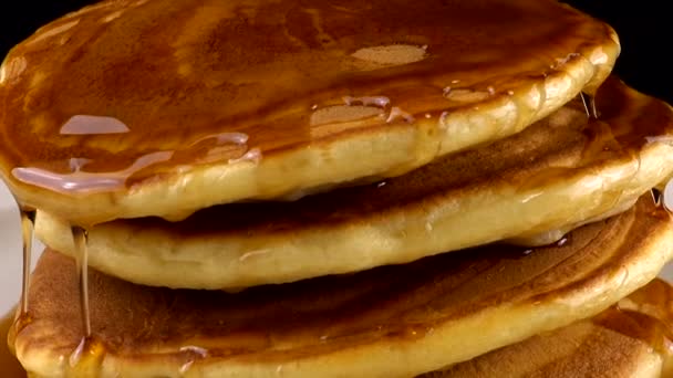 American Pancakes Maple Syrup Black Background — Stock Video