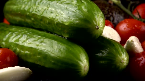 Cherry Tomatoes Cucumbers Garlic Avocado Red Onion Black Background Water — Stock Video