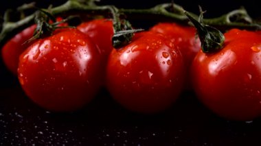 Su damlalarında siyah arkaplanda vişne domatesleri.