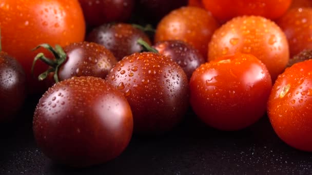 Kirschtomaten Auf Schwarzem Hintergrund Wassertropfen — Stockvideo