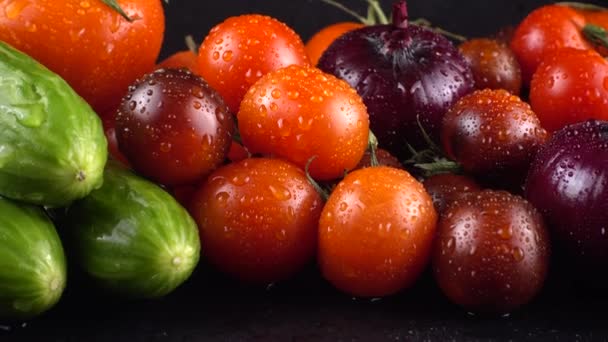 Pomidory Wiśniowe Ogórki Awokado Czerwona Cebula Czarnym Tle Kroplach Wody — Wideo stockowe