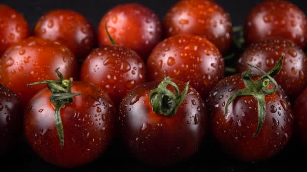 Tomates Cerises Sur Fond Noir Gouttes Eau — Video