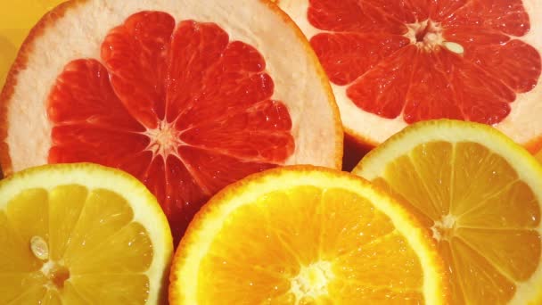 Tranches Citron Orange Pamplemousse Sur Fond Orange Éclaboussure Eau Mouvement — Video