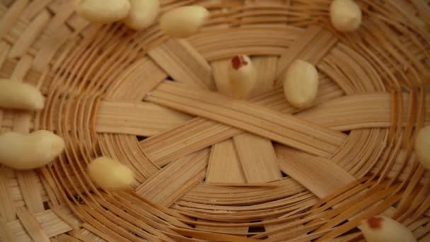 Nuts Raw Blanched Peanuts Fall Wicker Basket Slow Motion — Stock Video
