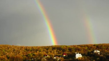 Ormanın üzerindeki yağmurdan sonra gökyüzünde gökkuşağı.