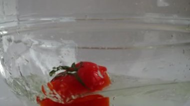 Domatesler cam bir kase suya düşer. Yavaş çekim.