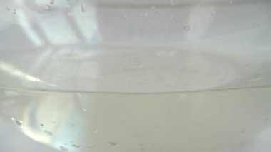 Falling Agaricus mushrooms in a glass bowl of water. Slow motion.