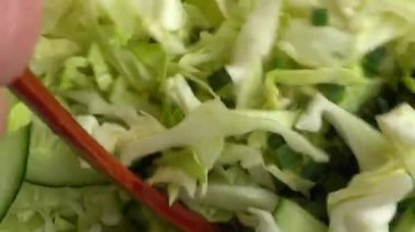 Cam kasede salata malzemeleri, lahana, turp, soğan, salatalık, yumurta. Salata hazırlığı.