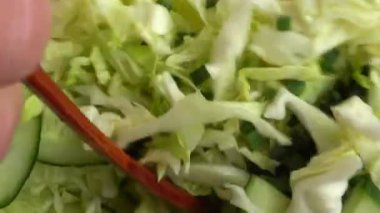 Cam kasede salata malzemeleri, lahana, turp, soğan, salatalık, yumurta. Salata hazırlığı.