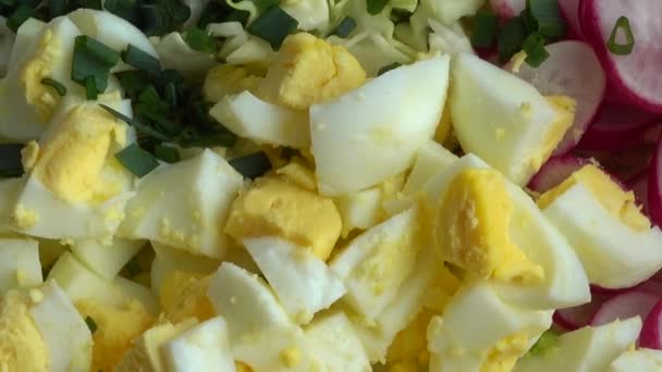 Συστατικά Σαλάτας Γυάλινο Μπολ Λάχανο Ραπανάκι Κρεμμύδι Αγγούρι Αυγό — Αρχείο Βίντεο
