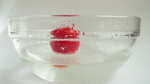 Spadające Pomidory Szklanej Misce Wody Zwolniony Ruch — Wideo stockowe