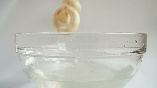 在一碗杯水里掉下蘑菇 慢动作 — 图库视频影像