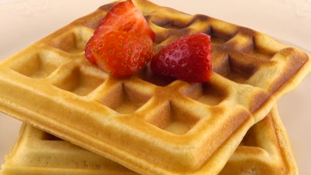 Belgian Waffles Strawberry Plate White Background — Stock Video