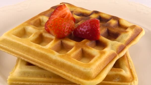 Belgian Waffles Strawberry Plate White Background — Stock Video