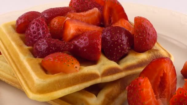 Belgian Waffles Strawberry Powdered Sugar Plate White Background — Stock Video