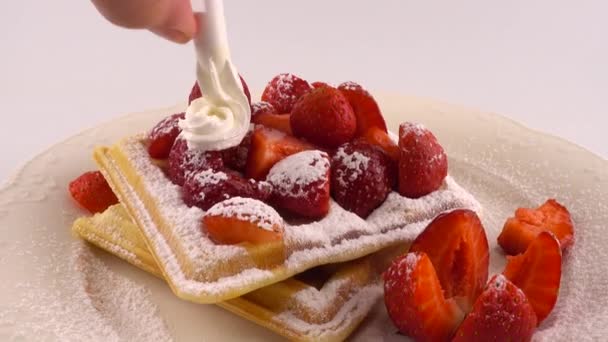 Gofres Belgas Con Fresa Crema Batida Azúcar Polvo Sobre Plato — Vídeos de Stock