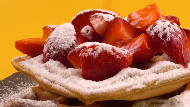 Belgian Waffles Strawberry Sweet Strawberry Topping Powdered Sugar Stone Board — Stock Video