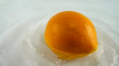 Beyaz bir zemin üzerinde olgun turuncuyu suyla döndürüyor. Yavaş çekim.