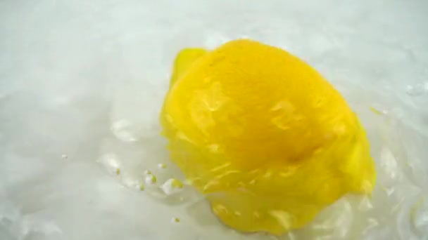 Beyaz Bir Zemin Üzerinde Olgun Limonu Suyun Içinde Döndürmek Yavaş — Stok video