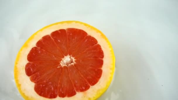 Rotierendes Segment Aus Reifen Und Saftigen Grapefruits Wasser Auf Weißem — Stockvideo