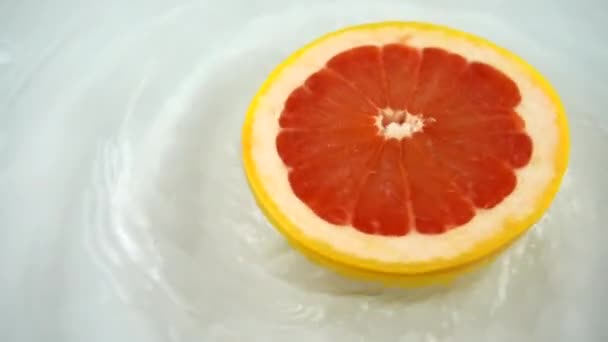 Otočný Segment Zralého Šťavnatého Grapefruitu Vodě Bílém Pozadí Zpomalený Pohyb — Stock video