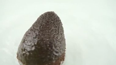 Beyaz arka planda suda olgun avokadoyu döndürüyor. Yavaş çekim.