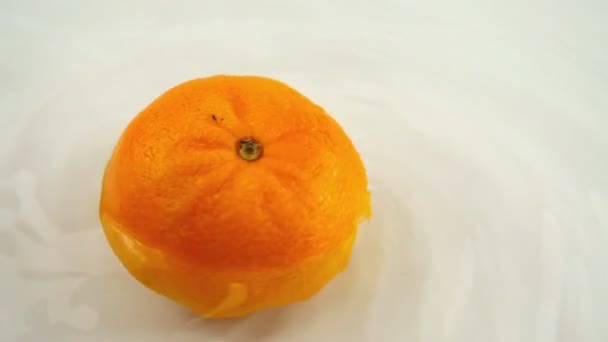Rotating Ripe Orange Water White Background Slow Motion — Stockvideo