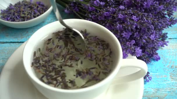 Tea Fresh Lavender Flowers Vintage Wooden Background Tea Brewed Hot — Vídeo de Stock