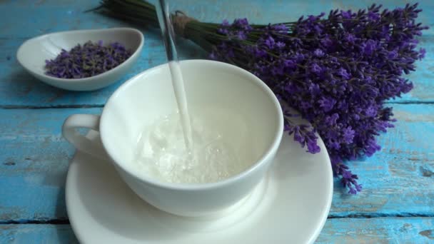 Tea Fresh Lavender Flowers Vintage Wooden Background Stream Boiling Water — Vídeos de Stock