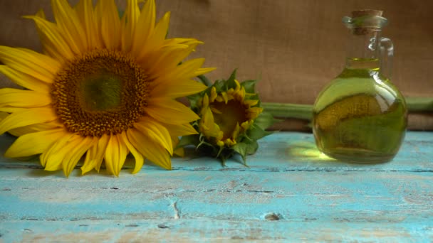 Sunflower Sunflower Oil Blue Vintage Wooden Table Top Falling Sunflower — Stock Video