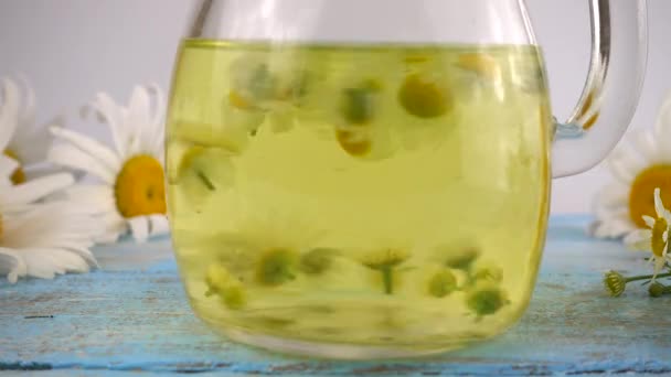 Brewing Herbal Tea Chamomile Glass Jar — Vídeo de Stock