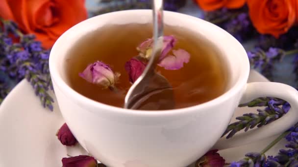 Provencal Style Composition Tea Fragrant Rose Buds Fresh Rose Flowers — Stock Video