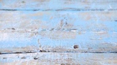 Colorful summer garden flowers: a bouquet of lilac sweet peas falls on a vintage wooden blue surface. Slow motion.