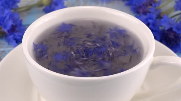 Composición Con Flores Ambrosía Colores Blanco Azul Sobre Mesa Madera — Vídeo de stock