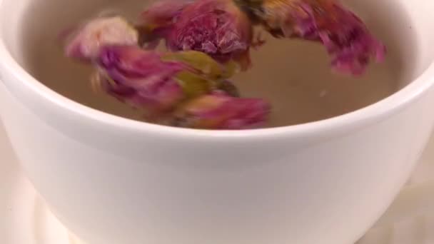 Біла Шапка Чаю Ароматними Сушеними Бутонами Троянд Свіжими Квітами Троянд — стокове відео